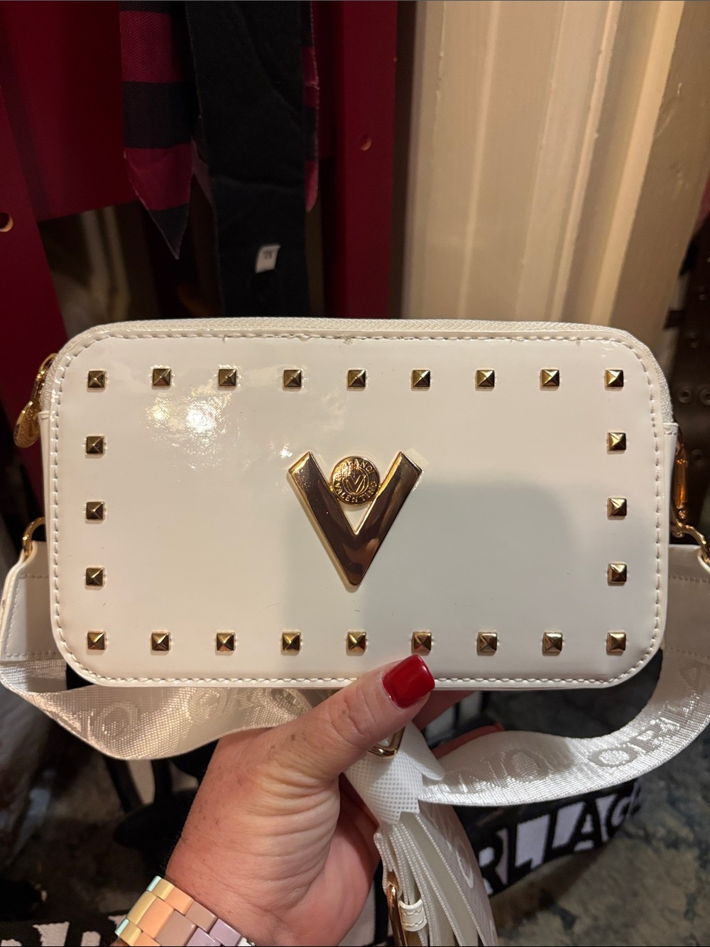 Valentino Orlandi White Patent Crossbody with Gold Studs